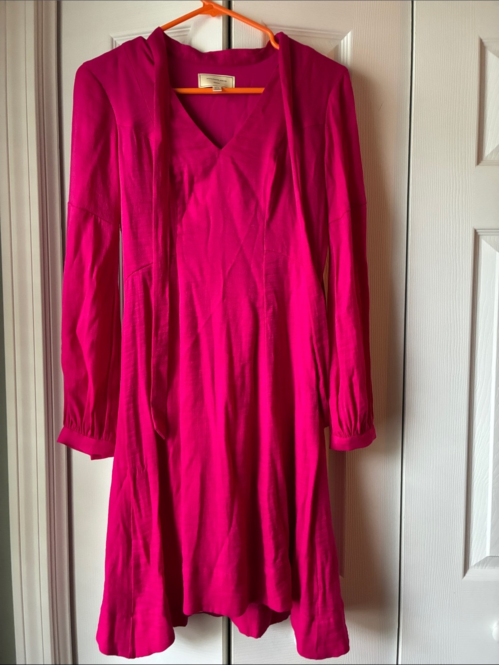 Moulinette Soeurs Bright Fuchsia Long-Sleeve V-Neck Dress with Neck Tie